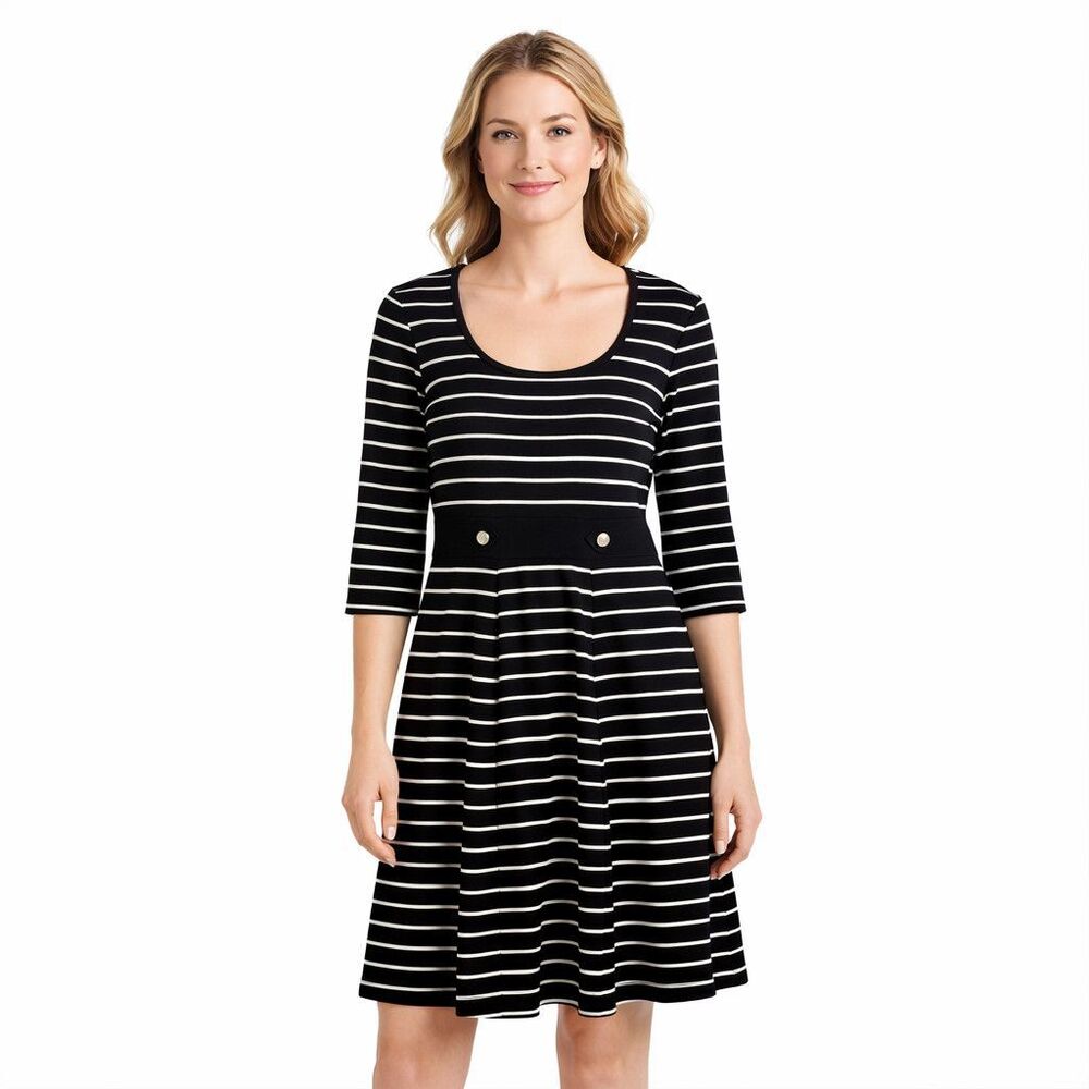 White House Black Market Dress Womens 6 Black Stripe 3/4 Sleeve Fit Flare Knee